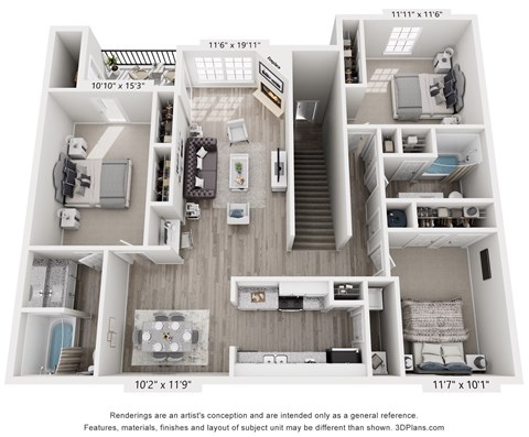 Floor plan for 3 beds, 2 baths, 1696 sqft